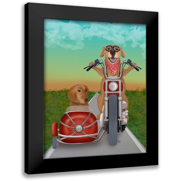 Fab Funky 12x14 Black Modern Framed Museum Art Print Titled - Golden Retriever Chopper and Sidecar