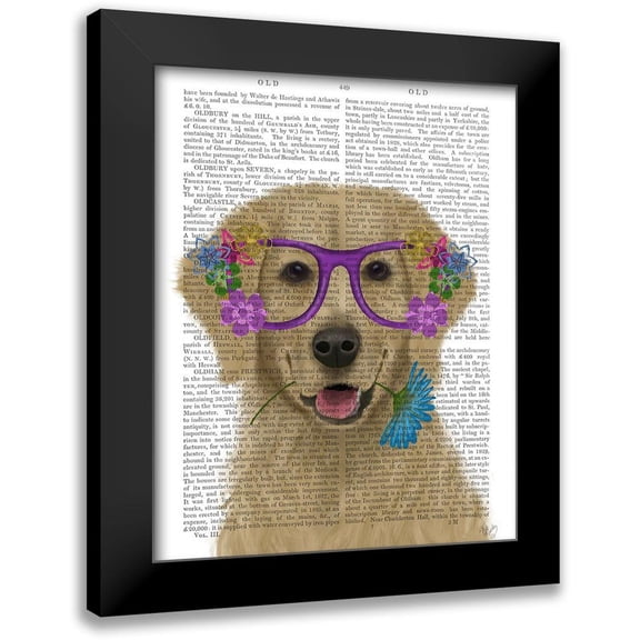 Fab Funky 12x14 Black Modern Framed Museum Art Print Titled - Golden Retriever and Flower Glasses