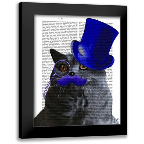 Fab Funky 12x14 Black Modern Framed Museum Art Print Titled - Grey Cat With Blue Top Hat and Blue Moustache