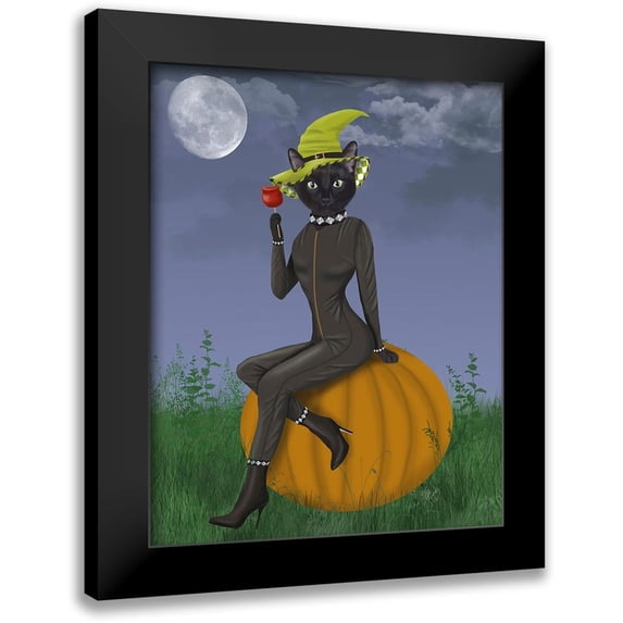 Fab Funky 12x14 Black Modern Framed Museum Art Print Titled - Halloween Cat and Toffee Apple