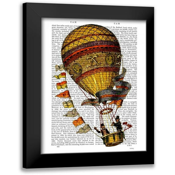 Fab Funky 12x14 Black Modern Framed Museum Art Print Titled - Hot Air Balloon Gold with Flags