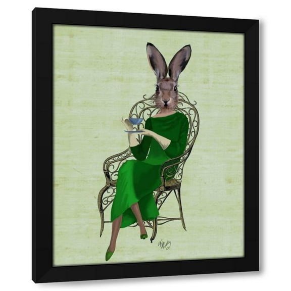 Fab Funky 12x14 Black Modern Wood Framed Wall Art Titled - Lady Bella Rabbit Taking Tea