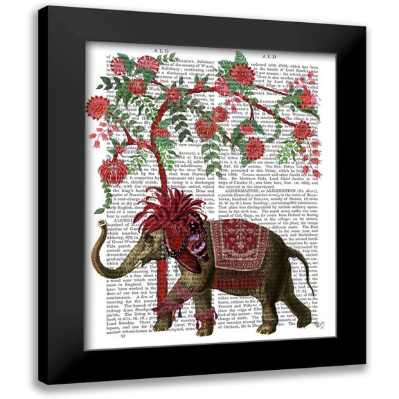 Fab Funky 12x14 Black Modern Framed Museum Art Print Titled - Niraj Elephant, Red Tree