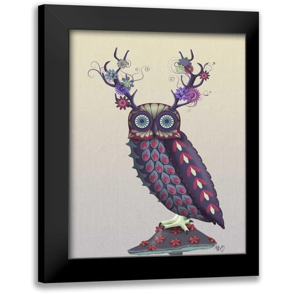 Fab Funky 12x14 Black Modern Framed Museum Art Print Titled - Owl with Psychedelic Antlers