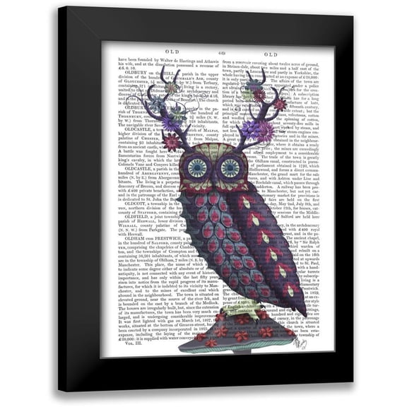 Fab Funky 12x14 Black Modern Framed Museum Art Print Titled - Owl with Psychedelic Antlers