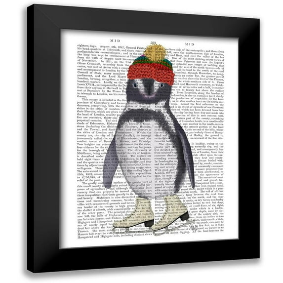 Fab Funky 12x14 Black Modern Framed Museum Art Print Titled - Penguin Ice Skating Book Print