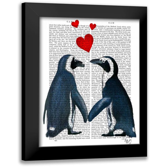 Fab Funky 12x14 Black Modern Framed Museum Art Print Titled - Penguins With Love Hearts