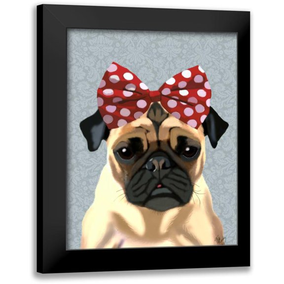 Fab Funky 12x14 Black Modern Framed Museum Art Print Titled - Pug with Red Spotty Bow On Head