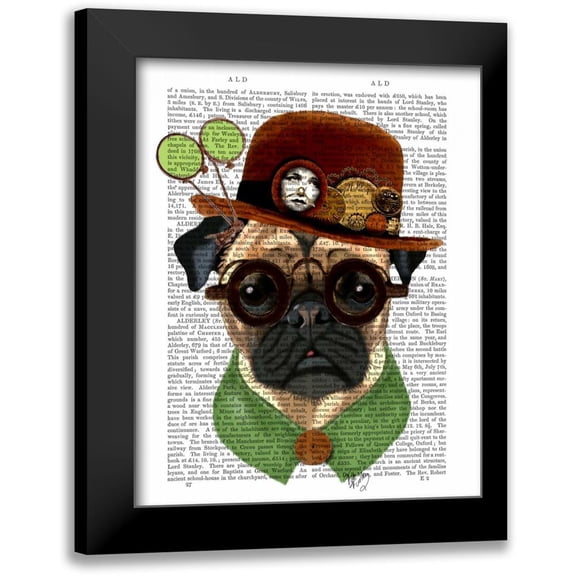 Fab Funky 12x14 Black Modern Framed Museum Art Print Titled - Pug with Steampunk Bowler Hat