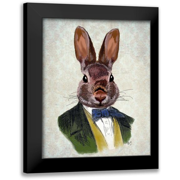 Fab Funky 12x14 Black Modern Framed Museum Art Print Titled - Rabbit in Green Jacket