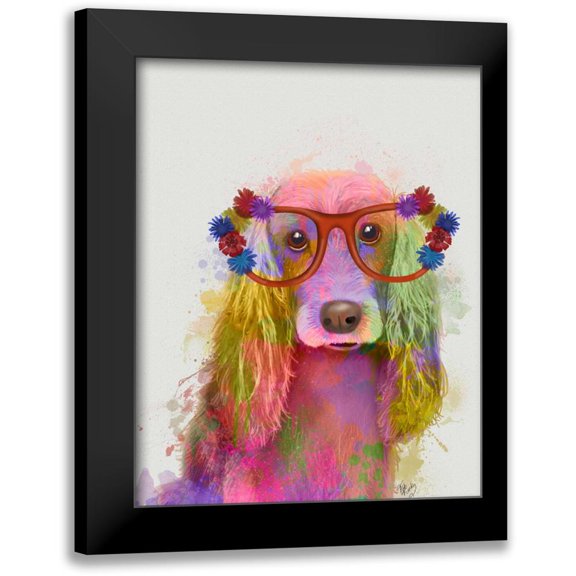 Fab Funky 12x14 Black Modern Framed Museum Art Print Titled - Rainbow Splash Cocker Spaniel, Portrait