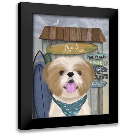 Fab Funky 12x14 Black Modern Framed Museum Art Print Titled - Shih Tsu Surf Shack