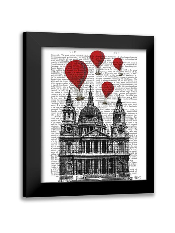 Fab Funky 12x14 Black Modern Framed Museum Art Print Titled - St Pauls Cathedral and Red Hot Air Balloons