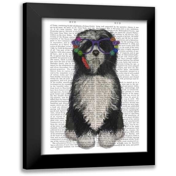 Fab Funky 12x14 Black Modern Framed Museum Art Print Titled - Tibetan Terrier Flower Glasses