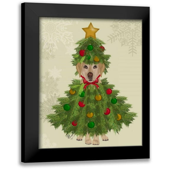 Fab Funky 12x14 Black Modern Framed Museum Art Print Titled - Yellow Labrador, Christmas Tree Costume