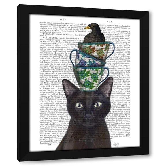 Fab Funky 12x14 Black Modern Wood Framed Wall Art Titled - Black Cat with Teacups and Blackbird