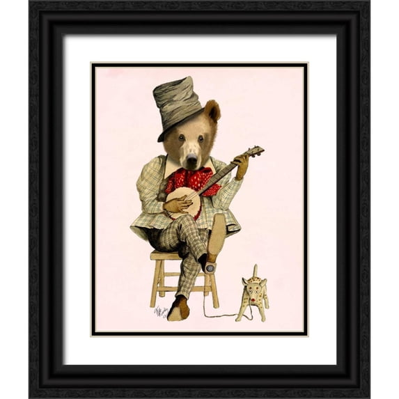 Fab Funky 12x14 Black Ornate Wood Framed with Double Matting Museum Art Print Titled - Banjo Bear