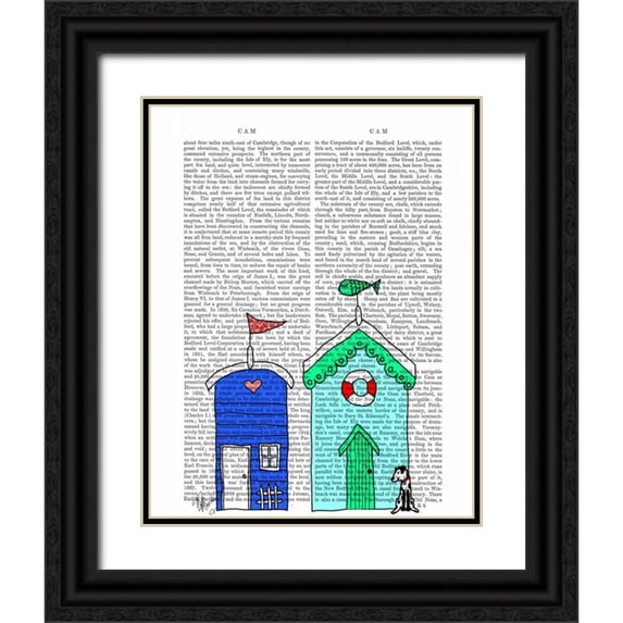 Fab Funky 12x14 Black Ornate Wood Framed with Double Matting Museum Art Print Titled - Beach Huts 2 Illustration