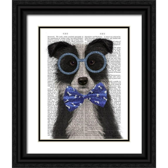 Fab Funky 12x14 Black Ornate Wood Framed with Double Matting Museum Art Print Titled - Border Collie, Black and White, with Glasses and Bow Tie