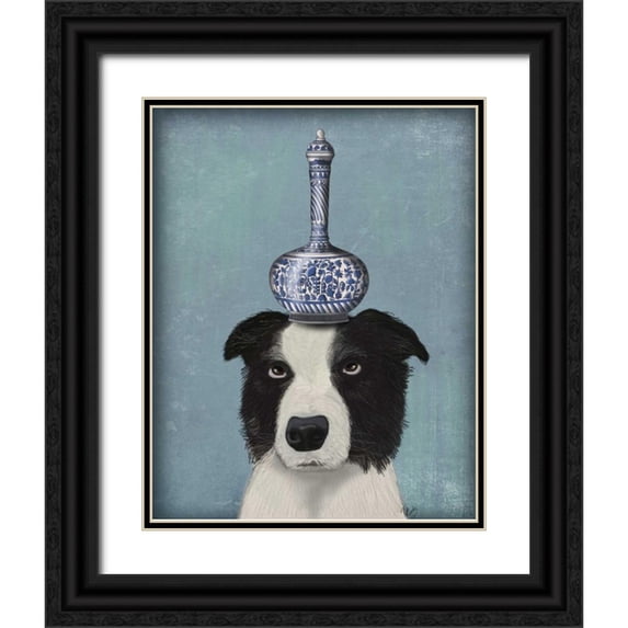 Fab Funky 12x14 Black Ornate Wood Framed with Double Matting Museum Art Print Titled - Border Collie with Blue Vase