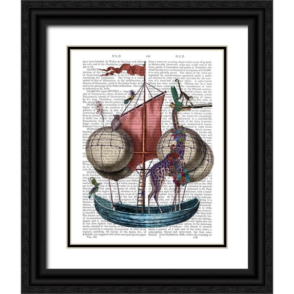 Fab Funky 12x14 Black Ornate Wood Framed with Double Matting Museum Art Print Titled - Giraffe in Airship