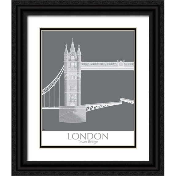 Fab Funky 12x14 Black Ornate Wood Framed with Double Matting Museum Art Print Titled - London Tower Brdige MonoChrome