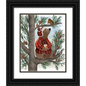 Fab Funky 12x14 Black Ornate Wood Framed with Double Matting Museum Art Print Titled - Lumberjack Bear Pine Tree Coffee Break