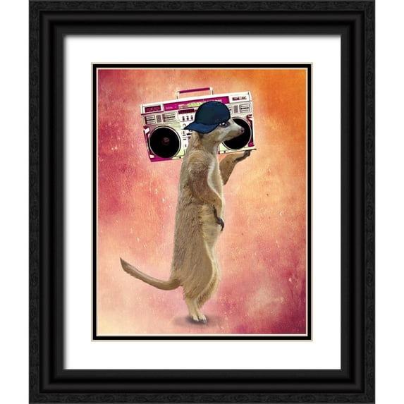 Fab Funky 12x14 Black Ornate Wood Framed with Double Matting Museum Art Print Titled - Meerkat and Boom Box