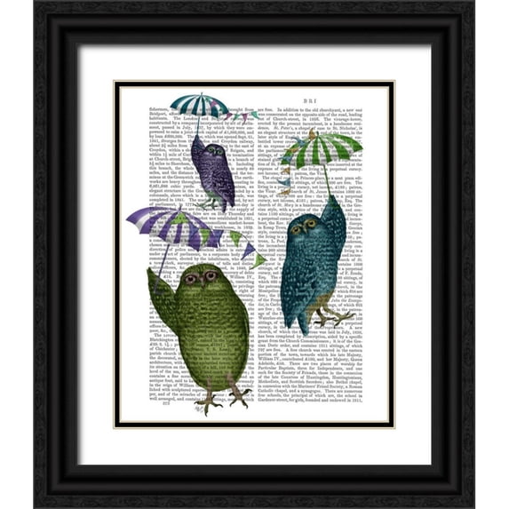 Fab Funky 12x14 Black Ornate Wood Framed with Double Matting Museum Art Print Titled - Owls with Umbrellas