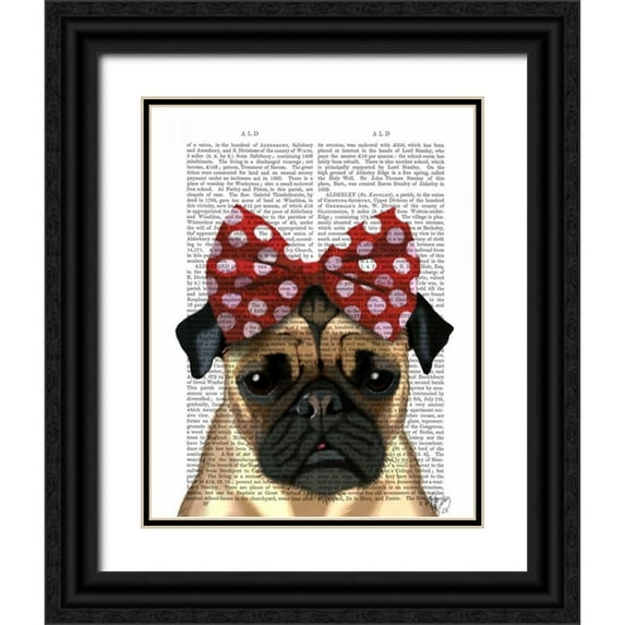 Fab Funky 12x14 Black Ornate Wood Framed with Double Matting Museum Art Print Titled - Pug with Red Spotty Bow On Head