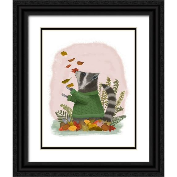 Fab Funky 12x14 Black Ornate Wood Framed with Double Matting Museum Art Print Titled - Raccoon Catching Leaves