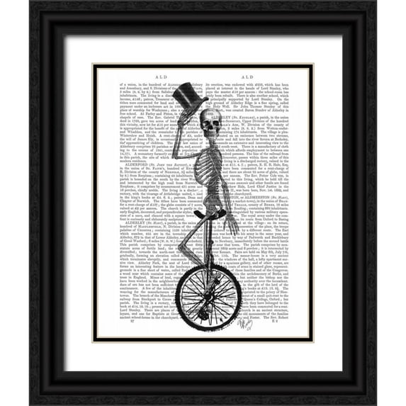 Fab Funky 12x14 Black Ornate Wood Framed with Double Matting Museum Art Print Titled - Skeleton on Unicycle
