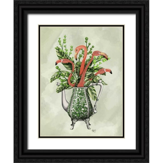 Fab Funky 12x14 Black Ornate Wood Framed with Double Matting Museum Art Print Titled - Vase Of Flamingos