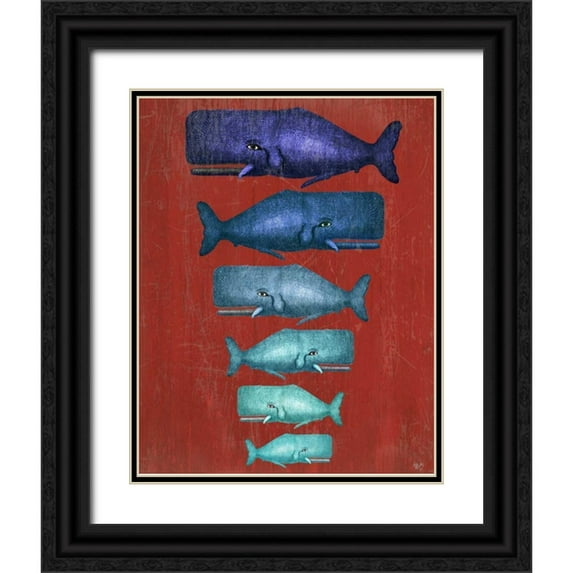 Fab Funky 12x14 Black Ornate Wood Framed with Double Matting Museum Art Print Titled - Whale Family Blue on Red