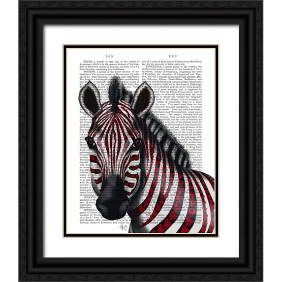 Fab Funky 12x14 Black Ornate Wood Framed with Double Matting Museum Art Print Titled - Zebra, Red Love Hearts