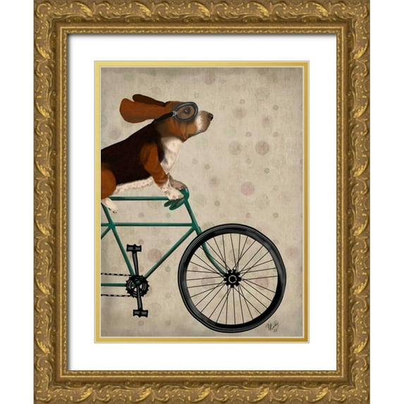 Fab Funky 12x14 Gold Ornate Wood Framed with Double Matting Museum Art Print Titled - Basset Hound on Bicycle