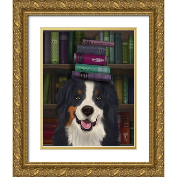 Fab Funky 12x14 Gold Ornate Wood Framed with Double Matting Museum Art Print Titled - Bernese and Books