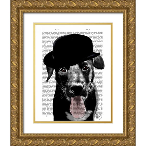 Fab Funky 12x14 Gold Ornate Wood Framed with Double Matting Museum Art Print Titled - Black Labrador in Bowler Hat