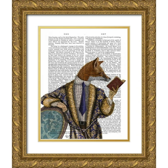 Fab Funky 12x14 Gold Ornate Wood Framed with Double Matting Museum Art Print Titled - Book Reader Fox