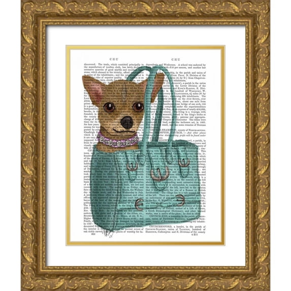 Fab Funky 12x14 Gold Ornate Wood Framed with Double Matting Museum Art Print Titled - Chihuahua In Bag