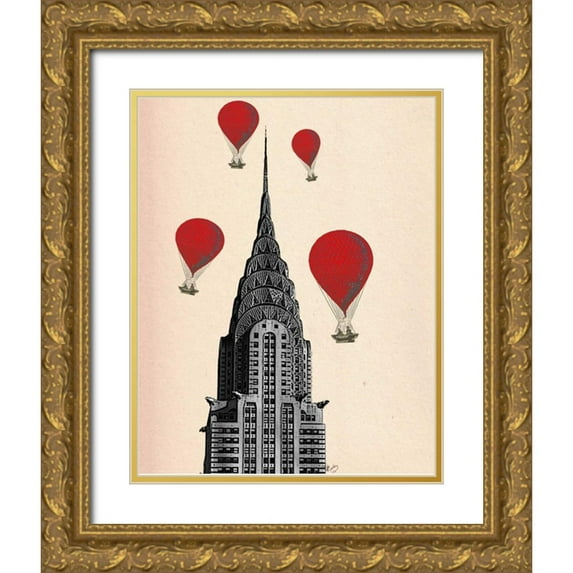 Fab Funky 12x14 Gold Ornate Wood Framed with Double Matting Museum Art Print Titled - Chrysler Building and Red Hot Air Balloons