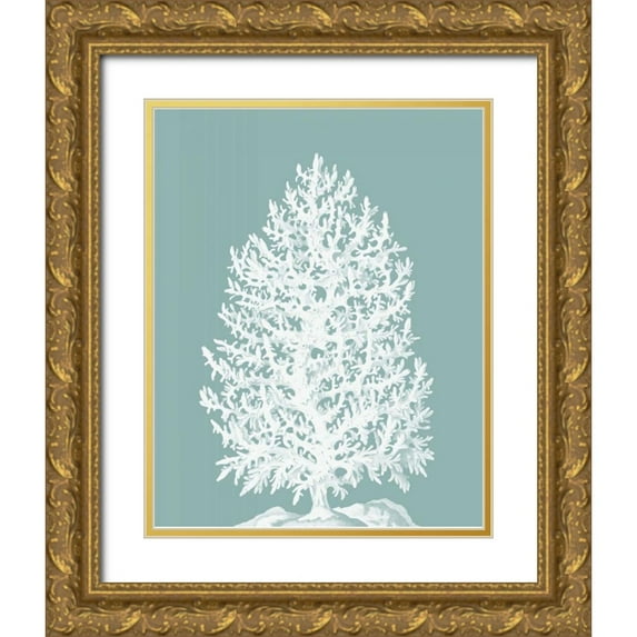 Fab Funky 12x14 Gold Ornate Wood Framed with Double Matting Museum Art Print Titled - Coral Tree on Mist Blue/Green