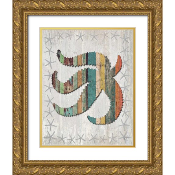 Fab Funky 12x14 Gold Ornate Wood Framed with Double Matting Museum Art Print Titled - Distressed Wood Style Starfish 2