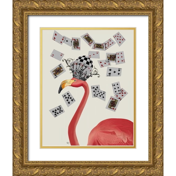 Fab Funky 12x14 Gold Ornate Wood Framed with Double Matting Museum Art Print Titled - Flamingo and Cards
