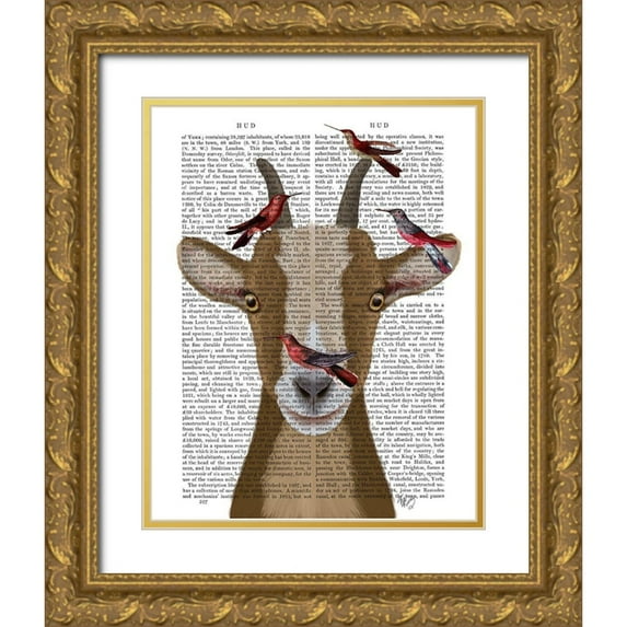 Fab Funky 12x14 Gold Ornate Wood Framed with Double Matting Museum Art Print Titled - Goat and Red Birds Book Print