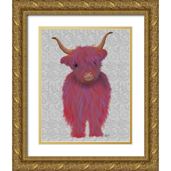 Fab Funky 12x14 Gold Ornate Wood Framed with Double Matting Museum Art Print Titled - Highland Cow 7, Pink And Purple, Full