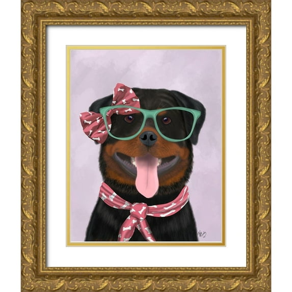 Fab Funky 12x14 Gold Ornate Wood Framed with Double Matting Museum Art Print Titled - Rottweiler with Glasses and Scarf
