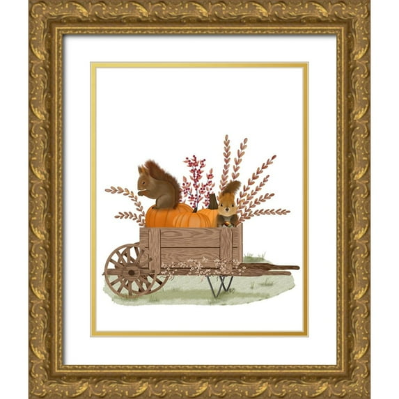 Fab Funky 12x14 Gold Ornate Wood Framed with Double Matting Museum Art Print Titled - Squirrels In Pumpkin Wheelbarrow