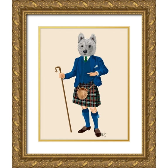 Fab Funky 12x14 Gold Ornate Wood Framed with Double Matting Museum Art Print Titled - West Highland Terrier in Kilt