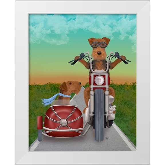 Fab Funky 12x14 White Modern Wood Framed Museum Art Print Titled - Airedale Chopper and Sidecar